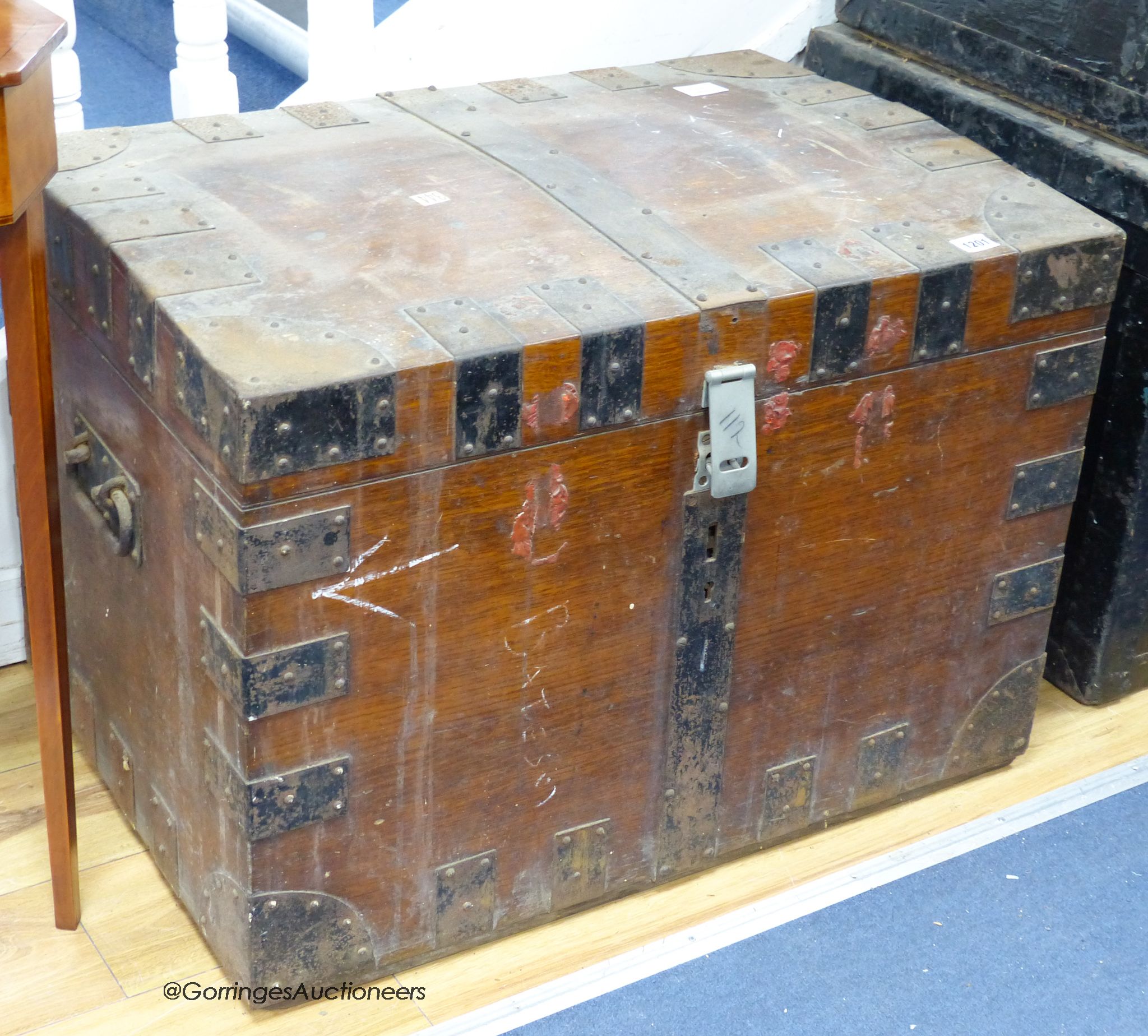 A Victorian iron bound oak silver chest. W-75, D-53, H-52cm.